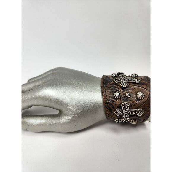 American West Tooled Leather Cross Cuff Bracelet Brown Silver Studded Boho - Picture 7 of 7